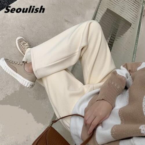 Seoulish New 2021 Spring Autumn Womens Corduroy Pants High Waist Female Fashionable Wide Leg Pants Streetwear Loose Trousers