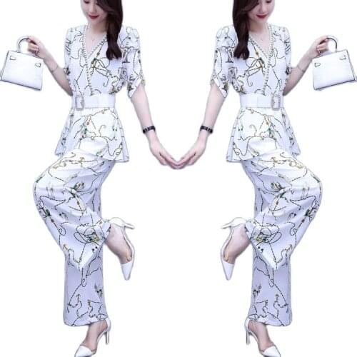 New Womens Suit Summer Thin Short-Sleeved Top + Pants 2 Piece Set Loose Printing Casual Lady Two-Piece Suit Business Suit