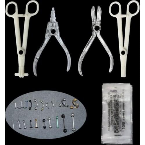 Disposable Body Piercing Kit Tools Pliers Forceps Needles Accessories Set with Nose Rings