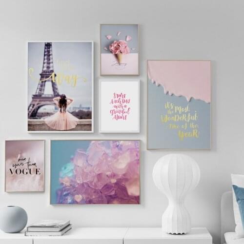 Pink Flower Paris Tower Crystal Girl Landscape Wall Art Canvas Painting Nordic Posters And Prints Wall Pictures For Living Room