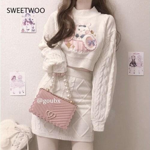 Two-Piece Autumn and Winter Kawaii Knit Sweater Top Women Long-Sleeved Twist Outer Sweater + All-Match Skirt Womens Suit