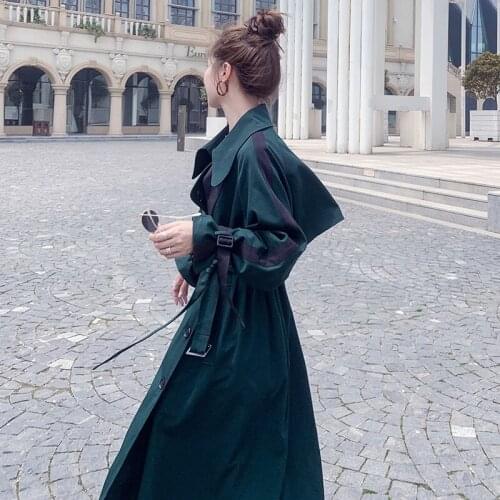 Windbreaker Jacket Womens Trench Coat 2021 Autumn Stitching Contrast Color Stand-Up Collar Long Double-Breasted Lace-Up