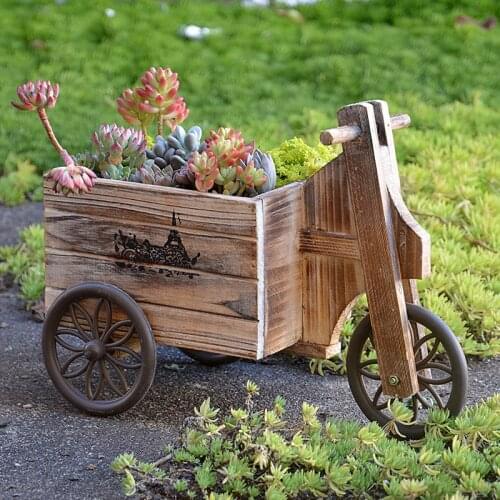 Vintage Small Handcart Natural Wooden Flower Tub European Home Garden Decor Wheel Trolley Wood Flower Plant Pot