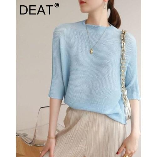DEAT Women Pleated T-shirt High Elastic Batwing Sleeve Round Collar Solid Wild Casual Style Simple 2021 Autumn Fashion 15HT344