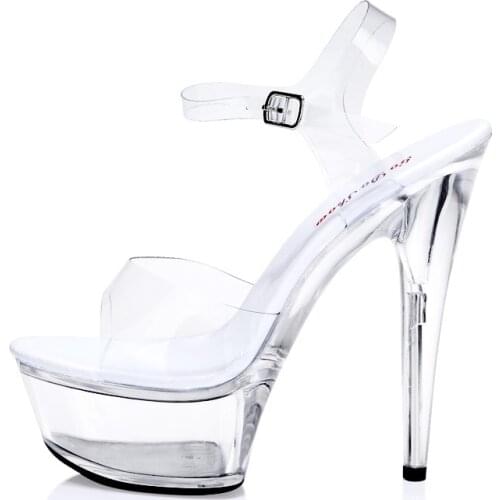 2018 Sandals High Quality Ultra-high Heel 7-20CM Transparent Crystal Women Shoes Model Catwalk Slides Fitness Contest large yard