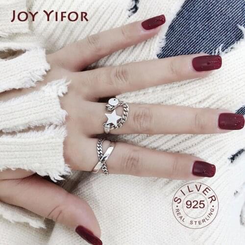 100% 925 Sterling Silver Open Ring for Women INS Minimalist Irregular Wave Pattern stars cross vintage Jewelry Bijoux Birthday
