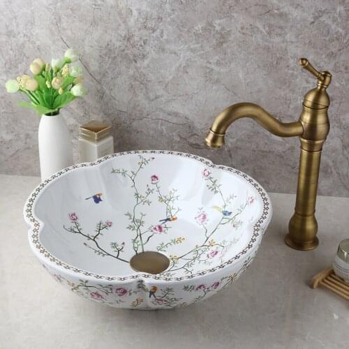 15.8Inch Bathroom Ceramic Wash Basin Vessel Sink Antique Brass Mixer Faucet Set