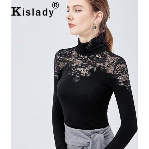 2020 Spring Fall Womens Sexy Turtleneck Lace Patchwork Tops Long Sleeve Gothic Shirt Harajuku OL Plus Size Korean Clothing