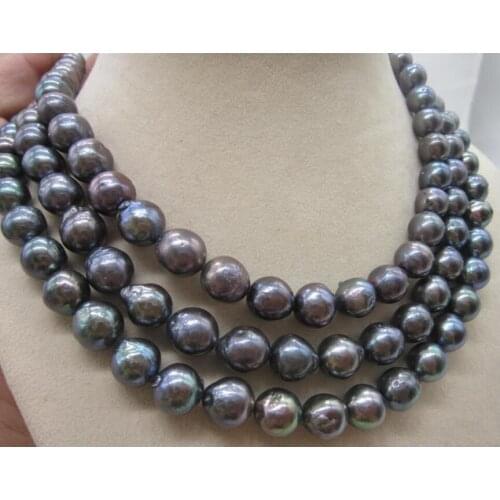 3 row 10-12mm black green pearl necklace 17"-19" yellow clasp