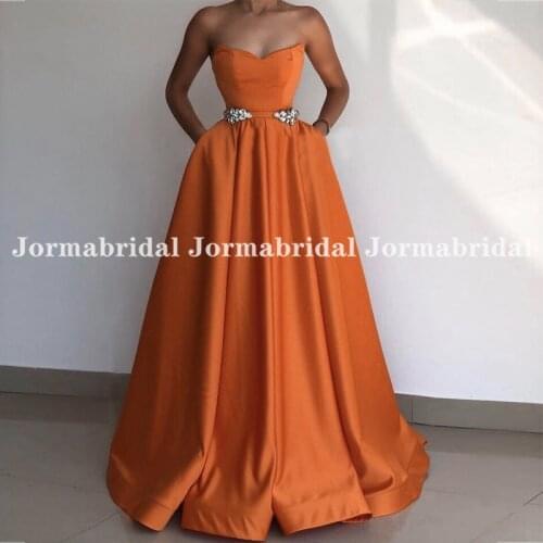 Orange Satin Prom Dresses With Pocket Strapless A-Line Rhinestons Belt Formal Party Dress Floor Length Prom Gown Robe Soiree