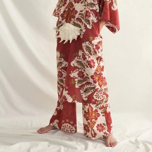 Hot sale ladies red trousers flower print long pants straight leg pants fashion celebrity street trousers