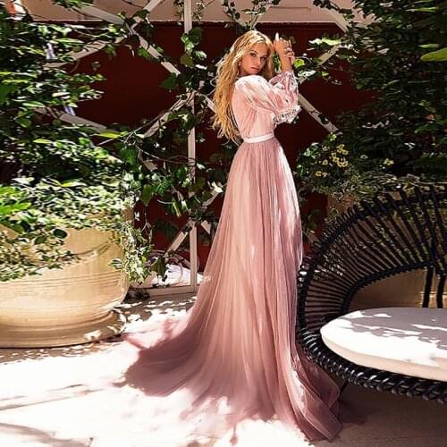 Elegant Pink Wedding Dresses Lace Appliques Puff Long Sleeves Bride Dress A-Line Boho Wedding Gown vestido de noiva