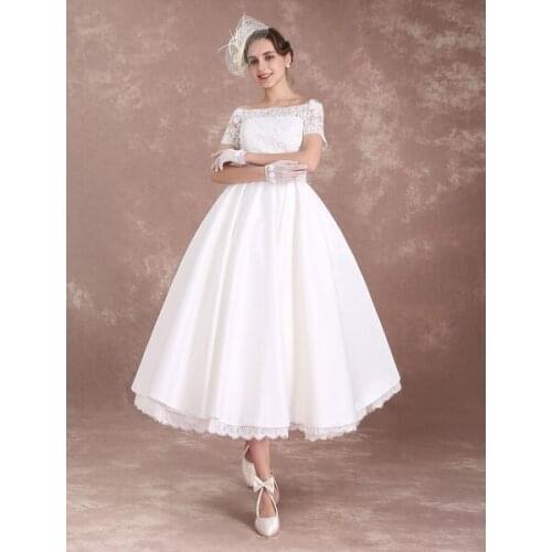 Short Wedding Dresses Vintage Bridal Dress 1950s Bateau Lace Short Sleeve Ivory Bow Sash Tea Length Wedding Reception Dress