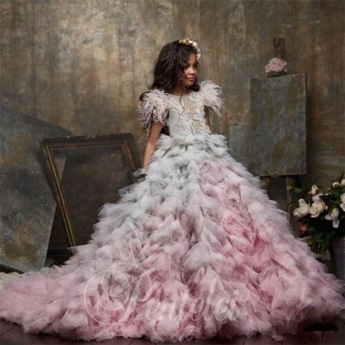 Cute Flower Girl Dresses Appliqued Beaded Feather Girl Pageant Gown Cascading Ruffle Sweep Train Customize Birthday Gown