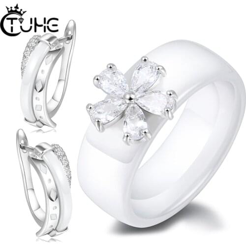 Fashion Healthy Ceramic Women Cubic Zirconia Rings Earrings Sets For Wedding Jewelry Gift For Women Engagement Jewelry
