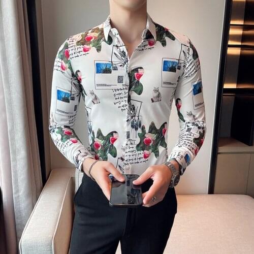 2021 Butterfly Print Shirt for Men Autumn Long Sleeve Slim Casual Shirts Fashion British Style Street Tops Social Party Clothing