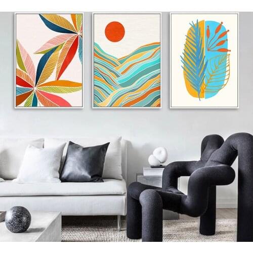 Abstract Leaf Flower Plant Wall Art Poster Sun Mountain Landscape Canvas Painting Colourful Art Print Nordic Living Room Decor