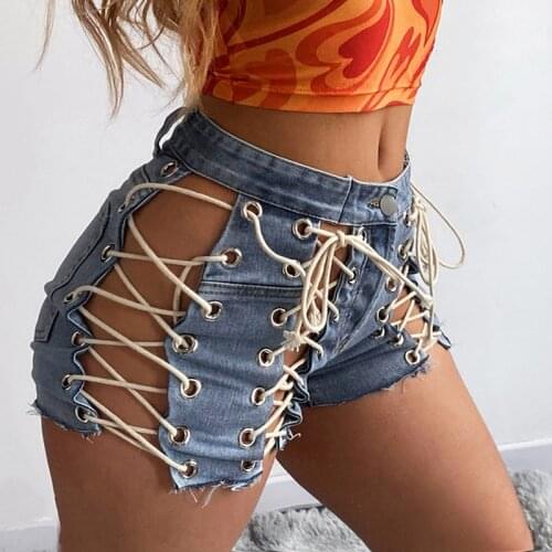 New Lace-up Short Jeans Make Old Cowgirl 2021 Summer New Light Blue High Waist Legging Shorts Club Party Sports Denim Shorts