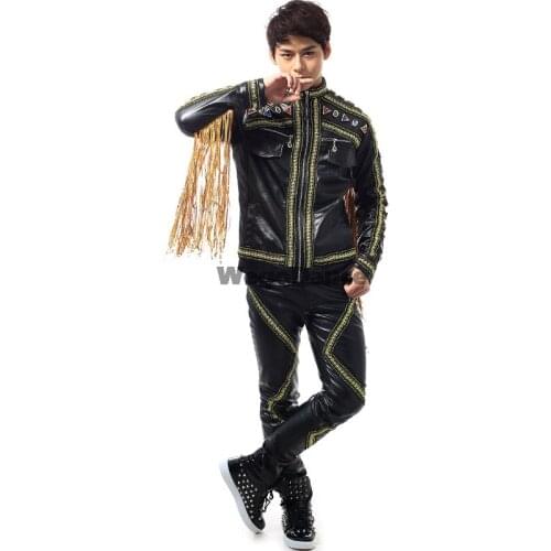 New Men Tassel Jacket And Pant Set Nightclub Bar Stage Bigbang Leather Suit Black Male Singer Costume