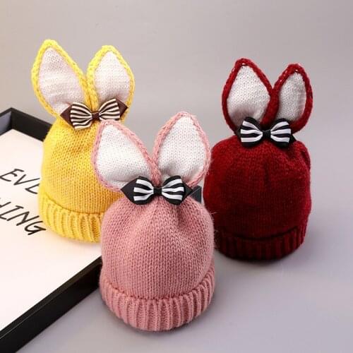 Autumn Winter Children Cartoon Rabbit Ears Knitted Baby Hats Plus Thicken Handmade Wool Hat Ear Protection Head Cap