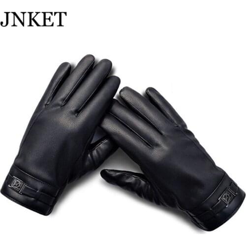 JNKET Winter Mens PU Leather Gloves Touch-screen Gloves Windproof Gloves Warm Coral Fleece Lining Outdoor Driving Gloves