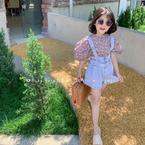 2PCS Girls Casual Fashion Clothes Kids Outfits Summer Floral Printed Shirt and Denim Overall Set Baby Girl Cool Clothing Set