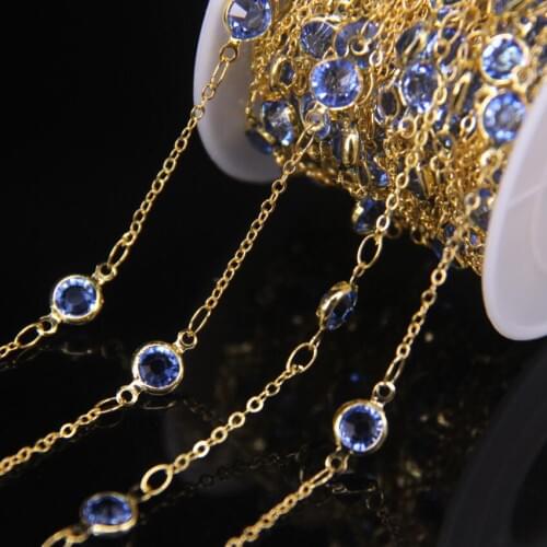 Plated Gold Faceted Glass 6mm Flat Round Beads Chains,Blue Glass Coin Beads Chains DIY Fashion Bracelet Necklace Jewelry Making