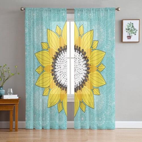 Sunflower Mandala Teal Green Sheer Curtains for Living Room Bedroom Kitchen Tulle for Windows Voile Drapes Home Decoration