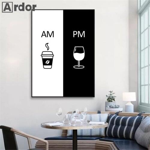 Nordic Poster AM Coffee PM Wine Sign Canvas Print Black And White Wall Art Painting Modular Picture Kitchen Restaurant Decor