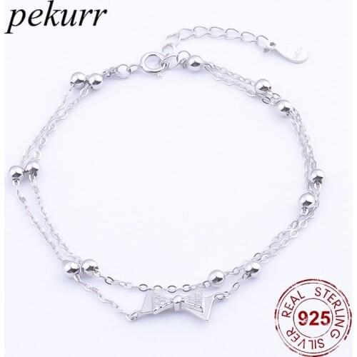 Pekurr 925 Sterling Silver Jewelry Double Style Bead Chain Bow knot Chain Bracelet Fashion Fine Accesories For Women Decoration