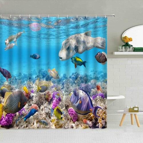 Natural Landscape Shower Curtains Seabed Tropical Fish Coral Dolphin Sea Turtle Octopus Bathroom Decor Waterproof Fabric Curtain