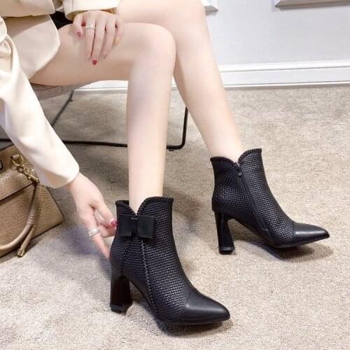 Womens boots shoes thick with high-heeled pointed bow single boots womens boots Martin boots plus velvet ankle boots