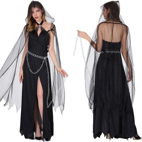 Popular Halloween Witch Devil Vampire Uniform Death Hell Goddess Womens Dress Deep V Black Dress Dance Party