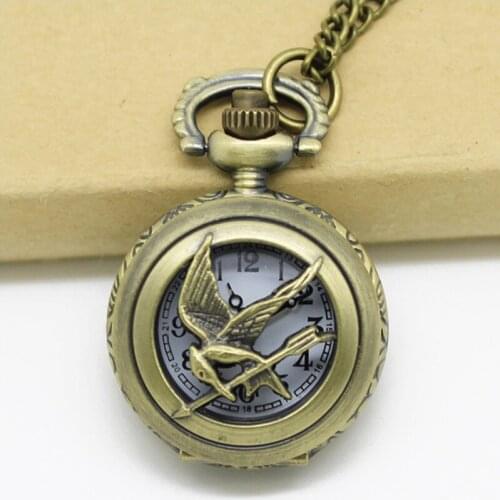 10pcs/lot )Mini Vintage Bronze mockingbird badge steampunk Pocket Watch Necklace chain pendant wholesales party gift S010