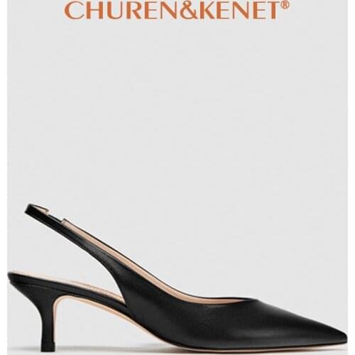 2021 Black Leather Kitten Heels Women Sandals Pointed Toe High Heels Shoes Woman Slingbacks Pumps