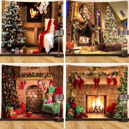 Room Decor Tapestry Wall Hanging Christmas Tree Fireplace Decoration Mural Warm Family Happy Party Background Home Accessories