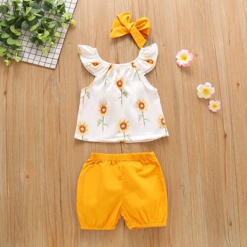 Kids Baby Girls 3-piece Outfit Set Fly Sleeve Sunflower Print Tops+Shorts+Headband Set Summer Baby Girl Clothes 6M-5T
