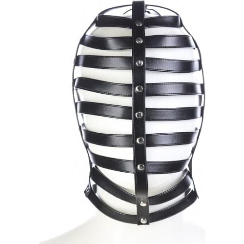 Fetish Full Head Leather Strap Hollow Bondage Hood Mask for Men Women Couples Flirt Slave Role Play Fantasy Sex Toys