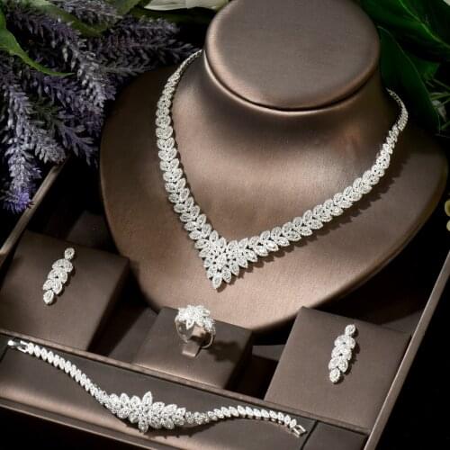 HIBRIDE Elegant Leaf Flower Cubic Zircon Necklace Earring Jewelry Sets for Dress Bridal Party Dairy Hot Charm Accessories N-1827