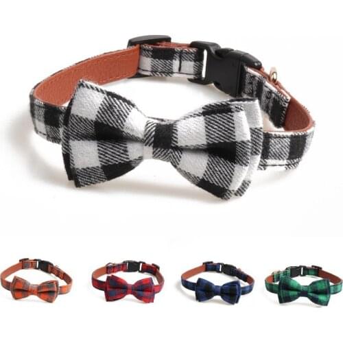 Plaid Dog Collar with Bow Tie Plastic Buckle Nylon Leather Dog&Cat Collar Necklace Pet Collar Accessories