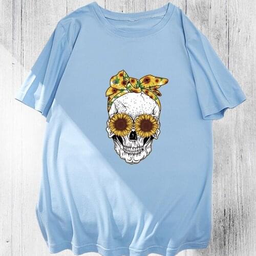 KPOP Harajuku style Creative Chrysanthemum Sunglasses Skull Print Casual Short-sleeved T-shirt S-3XL Large Size Top