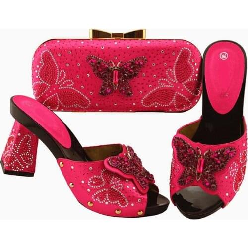 Beautiful fuchsia women pumps and bag set with butterfly crystal decoration african shoes match handbag for dress JZS-05