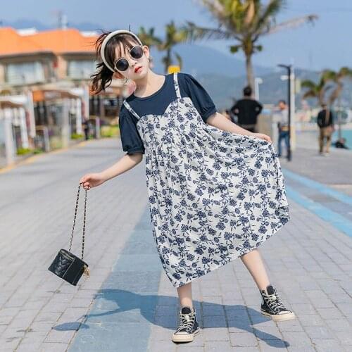 Girls dress summer new childrens Korean short-sleeved fake two-piece big boy western-style girl floral skirt