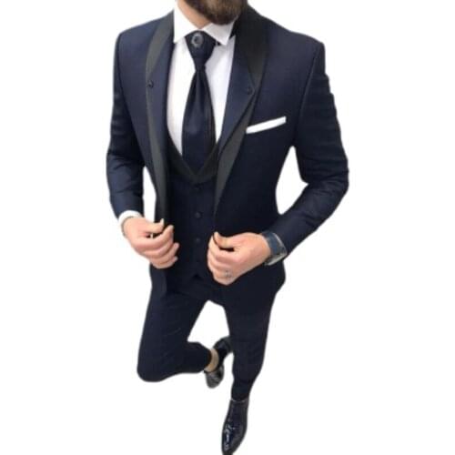 Men Suits Navy Blue Slim Fit Wedding Formal Costume Dress for Groom Clothes Tuxedos 3 Pcs Groomsmen Party (Jacket Pants Vest )