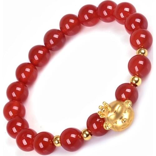 New 999 Pure 24K Yellow Gold 3mm Fine Bead &3D Crowned Monkey Red Agate Beads Link Womans Lucky Bracelet