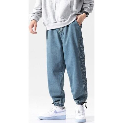 2021 Spring and Autumn New Jeans Mens Trend Straight Loose Tide Brand Printed Casual Tether Closure Long Pants
