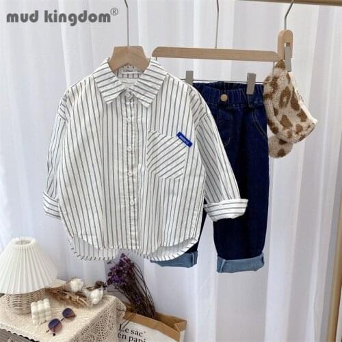 Mudkingdom Little Boys Shirts Loose Turn-down Collar Pockets Vertical Stripes Button Fashion Tops for Kids Drop Shoulder Clothes