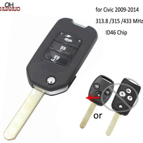 Upgraded Flip Remote Car Key Fob 3 Button 313.8 MHz 315MHz 433 MHz ID46 Chip for HONDA Civic 2009-2014