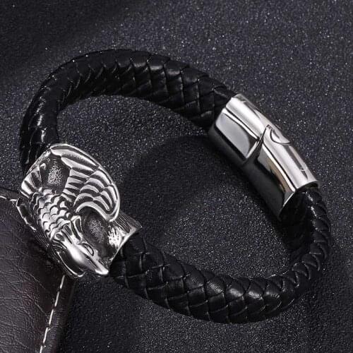 Punk Stainless Steel Eagle Bracelet Men Magnetic Buckle Bangles Black Leather Rope Wristband Male Jewelry Gifts BB790