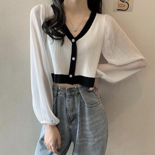 Knitted Thin Cropped Sweater Shirts Girls Patched Chiffon Full Lantern Sleeve Sweaters Cardigan Crop Top Cardigan Female